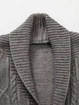 Men's plus size speckled cable knit shawl collar cardigan in neutral tones, featuring textured knit pattern and cozy fit.