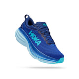 Men's Hoka Bondi 8 running shoes in D-width, featuring a sleek design with breathable mesh and cushioned sole for comfort.