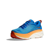 Men's Hoka Bondi 8 running shoes in D-width, black with white accents, featuring cushioned soles and breathable mesh uppers.