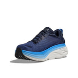 Men's Hoka Bondi 8 running shoes in D-width, featuring a supportive design and breathable mesh upper, shown from the side.
