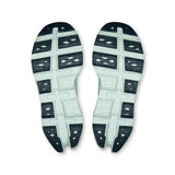 On Cloudmonster 3 women's road running shoes in gray with blue accents, featuring cushioned soles and breathable mesh uppers.