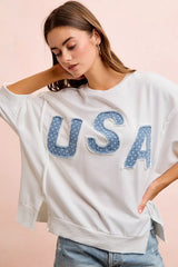 Blue French Terry top with USA letter patchwork, 4th of July themed, by Trendsi, featuring casual, patriotic design.