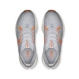 On Cloudsurfer Max men's running shoes in Glacier and Flame colors, featuring breathable mesh and cushioned sole for comfort.