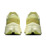 Women's On Cloudmonster 3 road running shoes with gray and white upper, cushioned sole, and breathable mesh design.