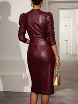 V-neck puff sleeve midi dress by Trendsi featuring a stylish silhouette and elegant design, shown in a flattering fabric.