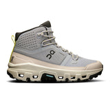 Women's On Cloudrock Mid Waterproof hiking boots, gray and black, with supportive mid-height design and rugged outsole.