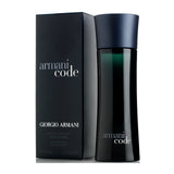 Giorgio Armani Code men's cologne bottle with sleek black design and silver accents, displayed on a neutral background.