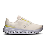 Women's On Cloudsurfer Next road running shoes in gray and white with cushioned soles and breathable mesh upper.