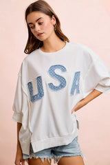 French Terry top by Trendsi featuring USA letter patchwork for 4th of July, casual and patriotic women's clothing.