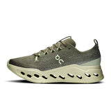 Men's On Cloudsurfer Max road running shoes with gray and black design, featuring cushioned soles and breathable mesh upper.