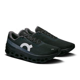 Men's On Cloudmonster 1 active life running shoes in black with blue accents, featuring cushioned soles and breathable mesh upper.