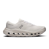 Women's On Cloudrunner 3 road running shoes in gray and white with cushioned soles and sleek design.