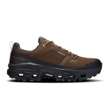 Men's On Cloudrock Low Waterproof hiking shoes with durable black and gray design, featuring waterproof material and rugged soles.