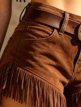 Trendsi fringed crop top and shorts set featuring a stylish, boho-chic design with fringed details and a coordinated casual fit.