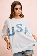 BiBi 4th of July USA letter patchwork French Terry top with patriotic design and casual fit, featuring bold USA lettering.