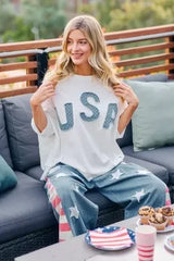 BiBi 4th of July USA letter patchwork French Terry top featuring patriotic design and casual style, made by Trendsi.