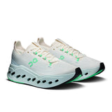 Women's On Cloudsurfer Max road running shoes in black with white soles, featuring lightweight cushioning and supportive design.