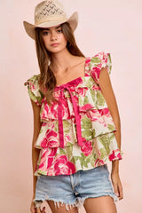 Trendsi BiBi floral print woven bow tie ruffle square neck top with puffed sleeves and feminine ruffle details.
