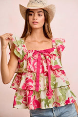 BiBi floral print woven bow tie ruffle square neck top by Trendsi, featuring a feminine floral pattern and stylish square neckline.