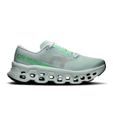 On Cloudmonster 3 women's road running shoes in gray and black with cushioned soles and breathable mesh upper.