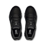 Women's On Cloudrock Low Waterproof hiking shoes with black and gray design, featuring durable outdoor-ready construction.