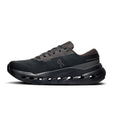 Women's On Cloudrunner 3 Waterproof road running shoes in black and white, featuring breathable mesh and cushioned soles.