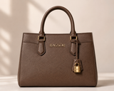 Brown Bagsor structured handbag with double handles, featuring a sleek design and ample storage space.