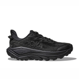 Black Hoka Challenger ATR 8 GTX women's running shoes with carbon black facing, side view showing sleek design and sturdy build.