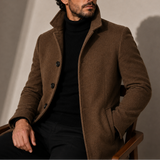 Men’s tailored winter coat with stand collar by Zexov, featuring a sleek design and warm fabric for cold weather.
