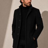 Men’s tailored winter coat with stand collar by Zexov, showcasing a stylish, warm outerwear design perfect for cold weather.
