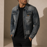 Men's vintage denim jacket by Zexov featuring a retro washed casual style, shown in a classic blue denim with front pockets.