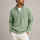 Men's ribbed quarter-zip sweater by Zexov, smart casual knit jumper in neutral color, featuring a high collar and textured ribbed pattern.