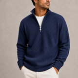 Men’s Zexov ribbed quarter-zip sweater featuring a smart casual knit design, shown in a close-up of the textured fabric.