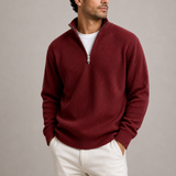 Men’s ribbed quarter-zip sweater by Zexov, smart casual knit jumper featuring a close-up of the textured ribbed fabric and quarter-zip neckline.