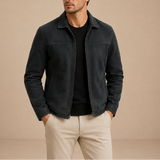 Men’s suede jacket by Zexov featuring a vintage zip-up casual style, shown in a classic brown color with a relaxed fit.