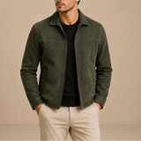 Men’s suede jacket by Zexov featuring a vintage zip-up casual style, shown in a classic brown suede finish.