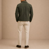 Men’s suede jacket by Zexov featuring vintage zip-up casual style, shown in a close-up of the tan suede material and front zipper.