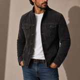 Men’s suede jacket by Zexov with a stand collar and button-up front, casual style shown on a model.