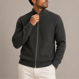 Men’s ribbed zip cardigan by Zexov featuring a full zip, knitted texture, and stand collar, displayed on a mannequin.