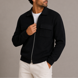 Men’s Zexov zip-up knit jacket with collared design and chest pockets, casual cardigan perfect for layered winter style.