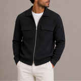 Men’s zip-up knit jacket by Zexov featuring a collared design and chest pockets, displayed on a model.