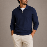 Men’s Zexov quarter-zip polo knit sweater displayed in a close-up shot showing the textured fabric and collar detail.