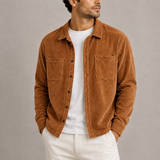 Men’s Zexov corduroy overshirt jacket with long sleeves and button-up front, shown in a casual, earthy tone fabric.