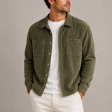 Men’s Zexov corduroy overshirt jacket with long sleeves and button-up front, shown in a casual, earthy-toned fabric.