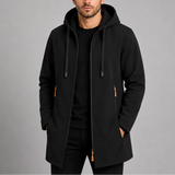 Men's Zexov casual long coat with hood and zip-up front, outdoor jacket featuring a comfortable fit and practical design.