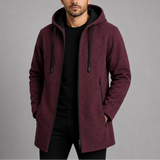 Men's casual long coat by Zexov featuring a hood and zip-up front, suitable for outdoor wear and layered styling.