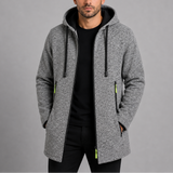 Men's casual long coat by Zexov featuring a hood and zip-up front, ideal for outdoor wear and layered styling.