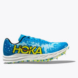 Hoka Crescendo XC running shoes in black with white accents, featuring durable outsole and breathable mesh upper for trail running.