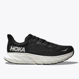 Women's Hoka Arahi 7 running shoes in black and white with B-width, featuring lightweight design and supportive cushioning.