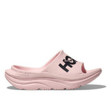 Hoka athletic slide shoes in black and carnation pink, featuring cushioned straps and a sporty design for comfortable casual wear.
